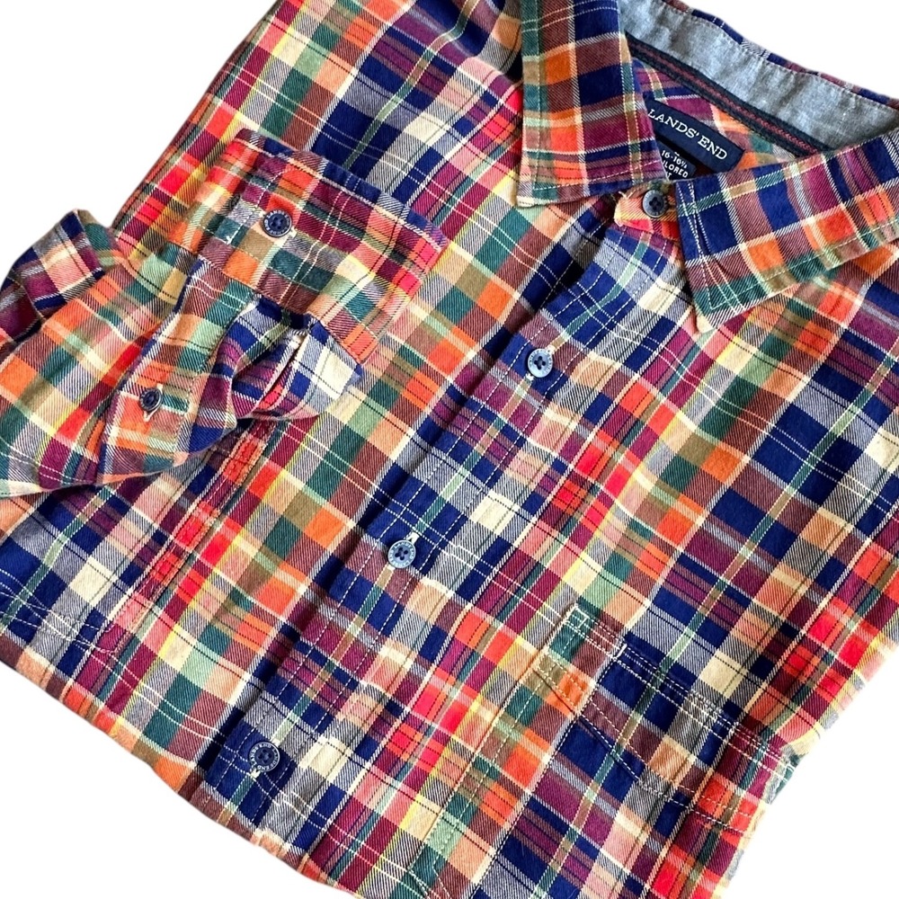 Lands' End Shirt Men's Large‎ (16-16.5) Plaid Flannel Tailored Fit Button Up